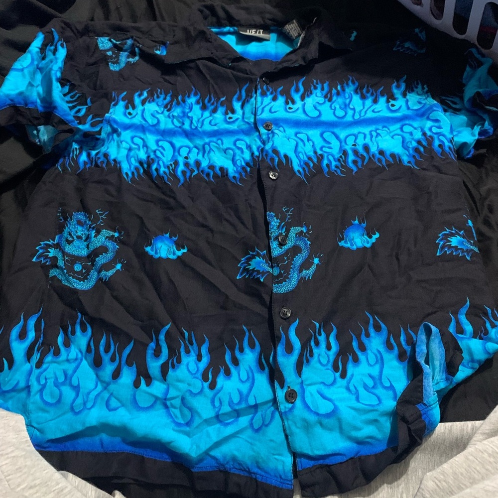 Blue Flame Dragon Vintage Button-Up Shirt